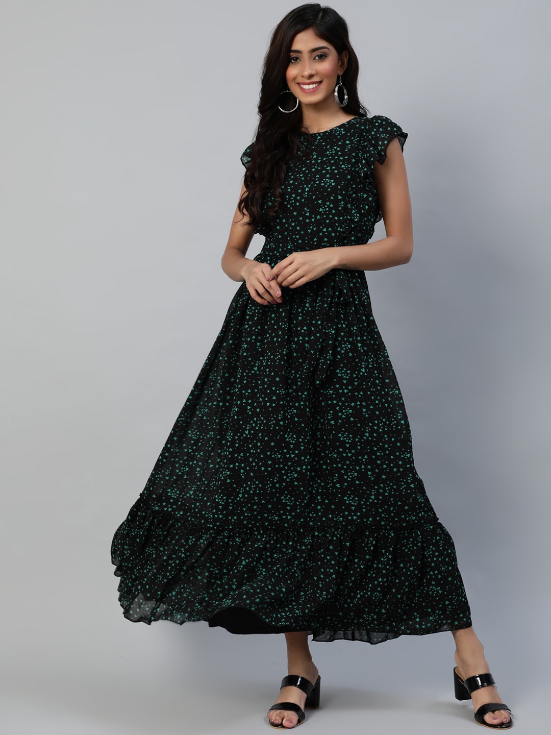 

Ishin Women Black & Green Georgette Tiered Maxi Dress