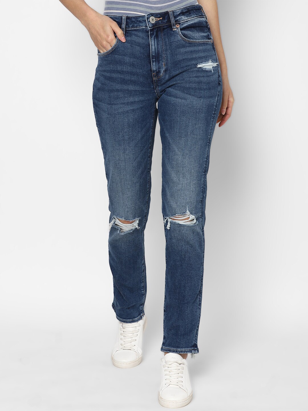 

AMERICAN EAGLE OUTFITTERS Women Blue Slim Fit High-Rise Mildly Distressed Light Fade Jeans