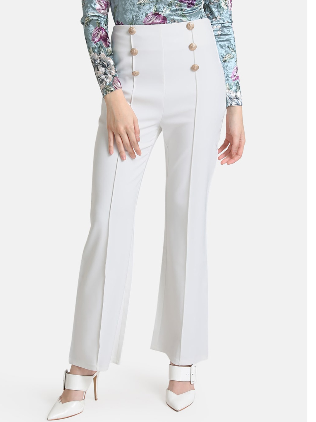

Kazo Women White Flared Low-Rise Easy Wash Parallel Trousers