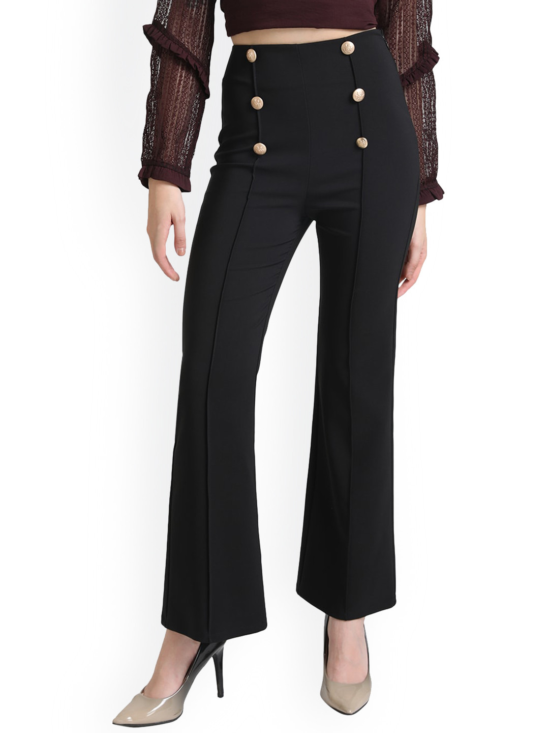 

Kazo Women Black Flared Low-Rise Easy Wash Parallel Trousers