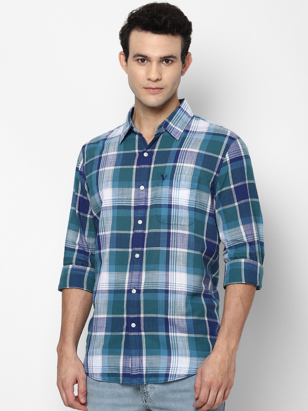 

AMERICAN EAGLE OUTFITTERS Men Blue Slim Fit Tartan Checked Casual Shirt