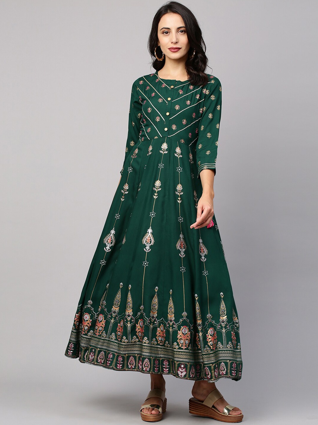 

FASHOR Women Green & Gold-Toned Ethnic Embroidered Maxi Dress
