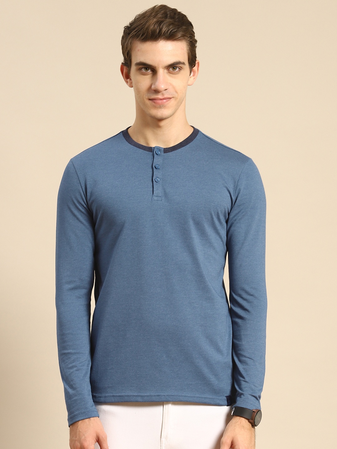 

United Colors of Benetton Men Blue Henley Neck T-shirt