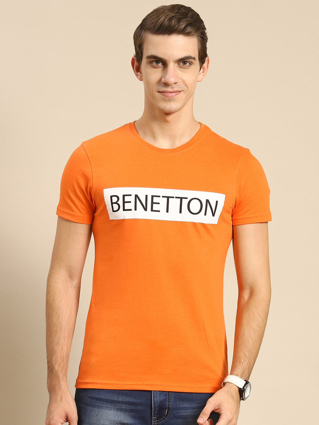 

United Colors of Benetton Men Orange Brand Logo Printed T-shirt