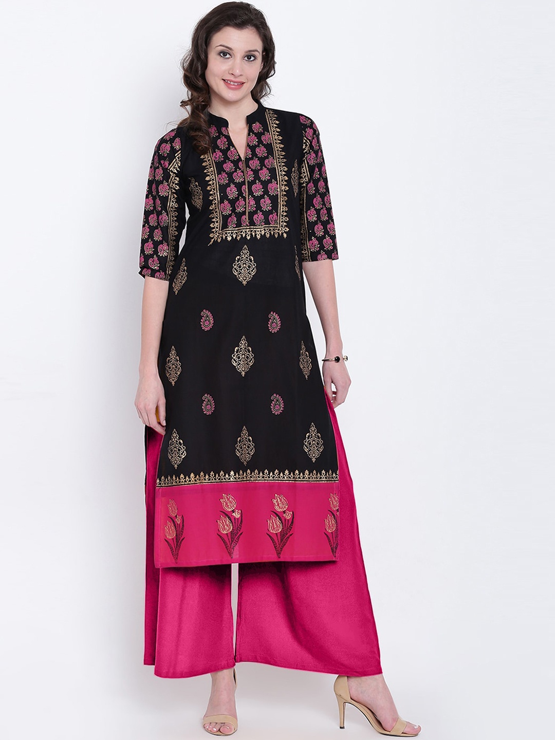 

Varkha Fashion Women Black Ethnic Motifs Printed Mirror Work Block Print Kurta