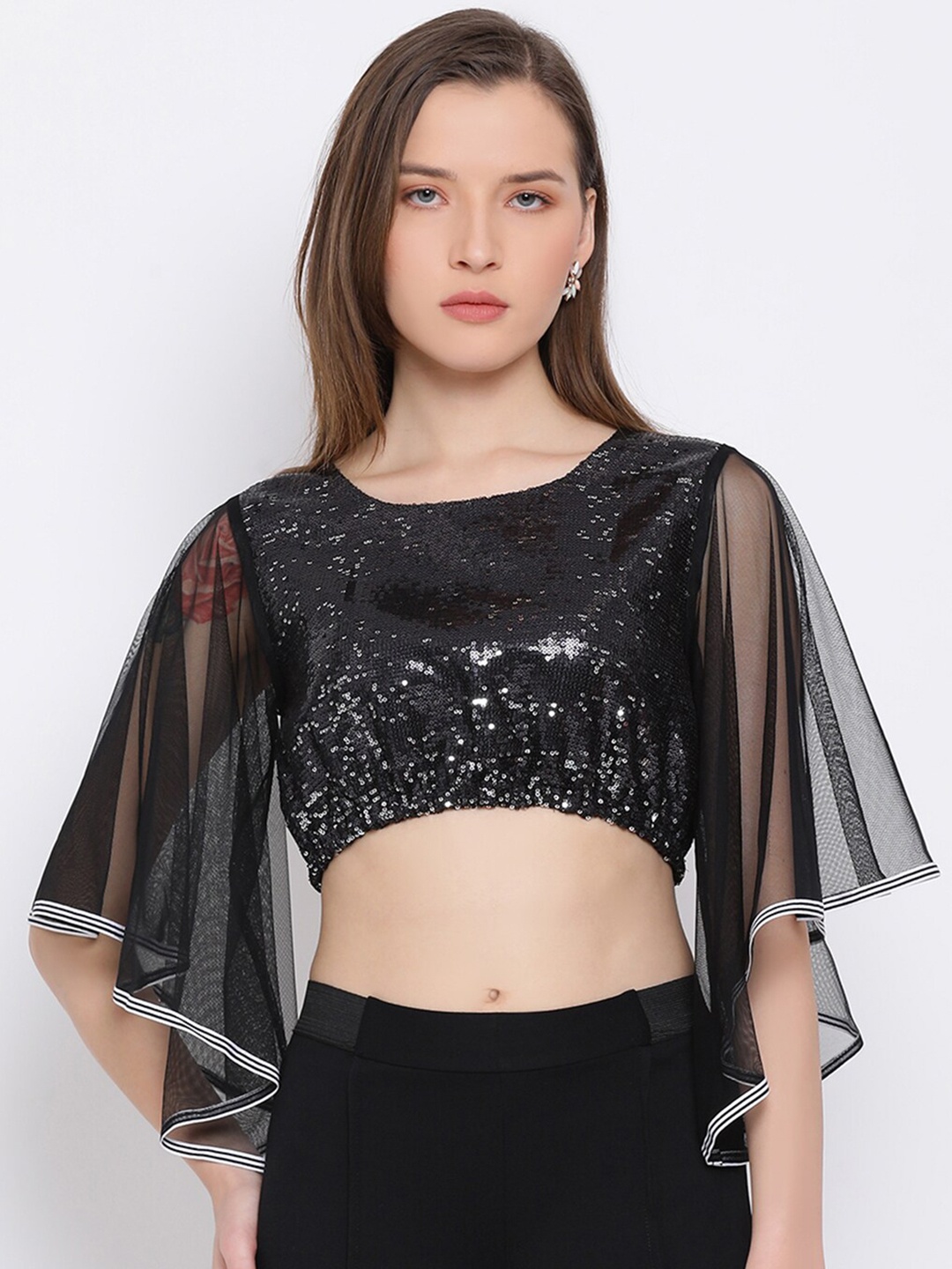 

DRAAX Fashions Black Embellished Blouson Crop Top