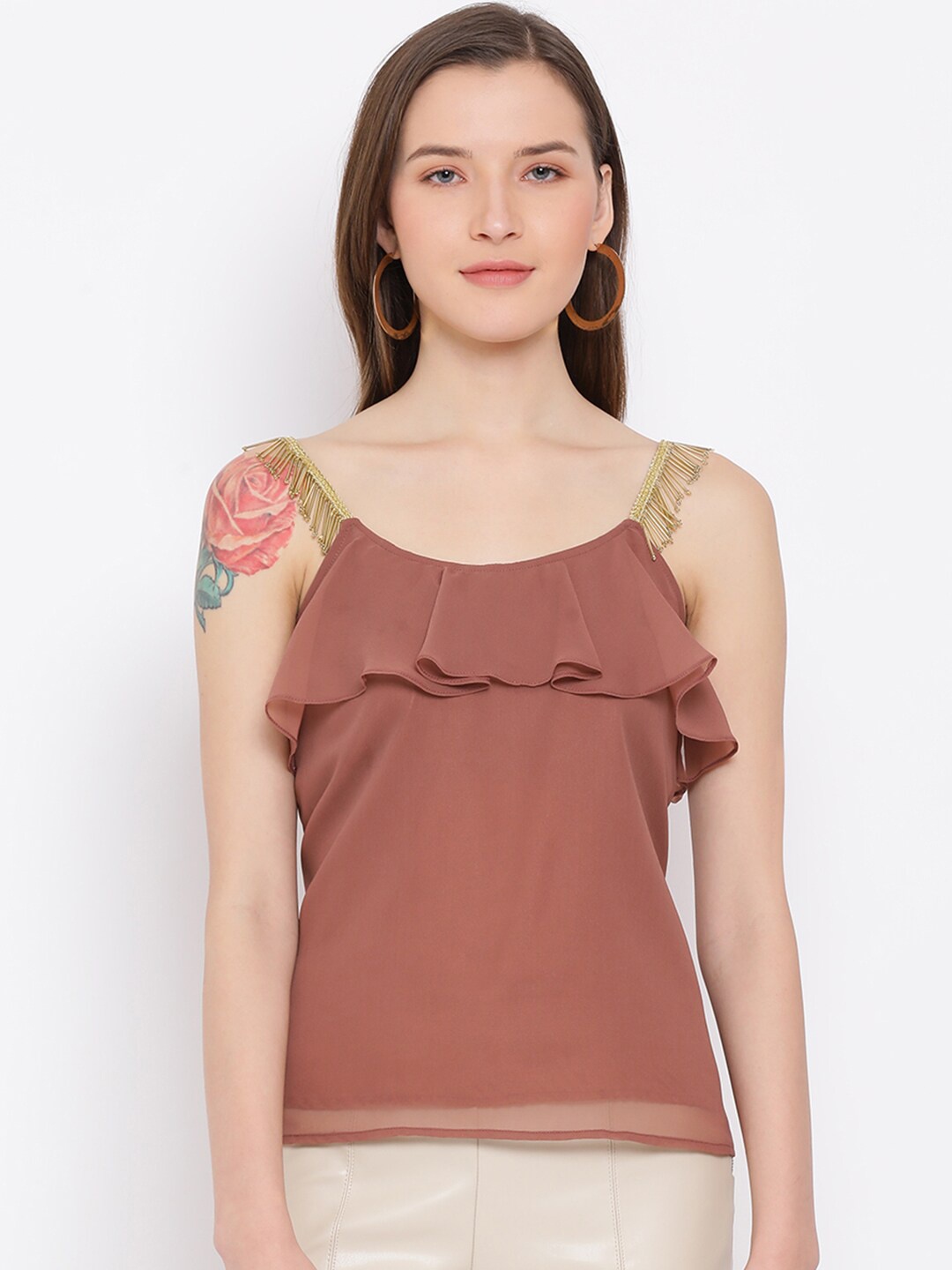 

DRAAX Fashions Brown Embellished Ruffles Tank Top