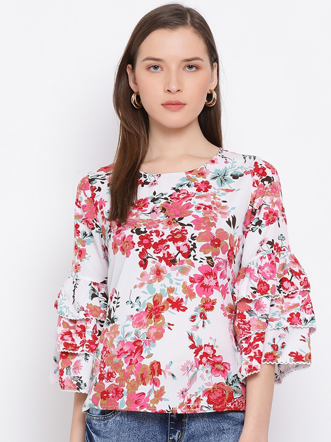 

DRAAX Fashions White & Pink Floral Regular Top
