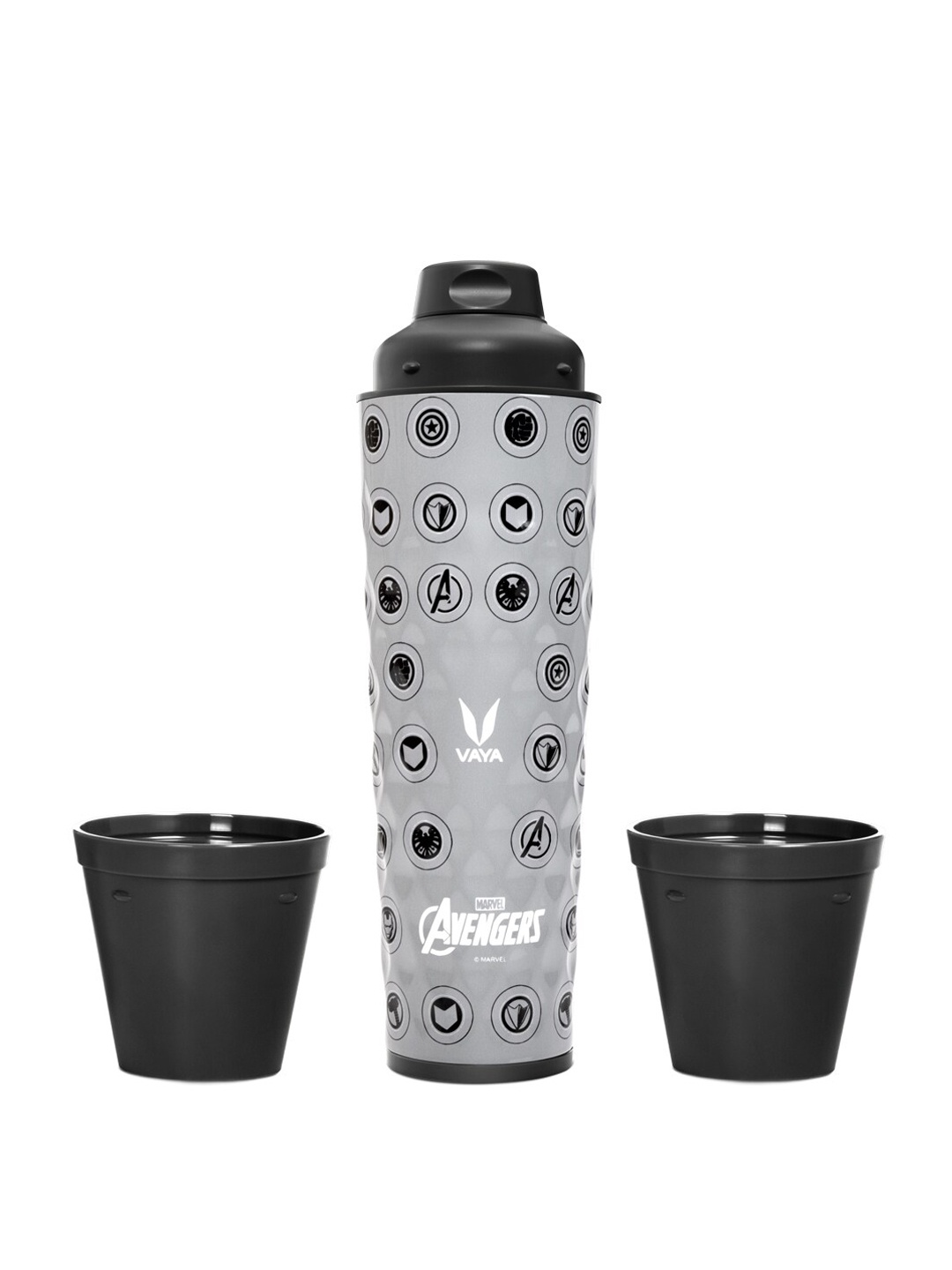 

Vaya Grey & Black Printed Stainless Steel Water Bottle With 2 Cups