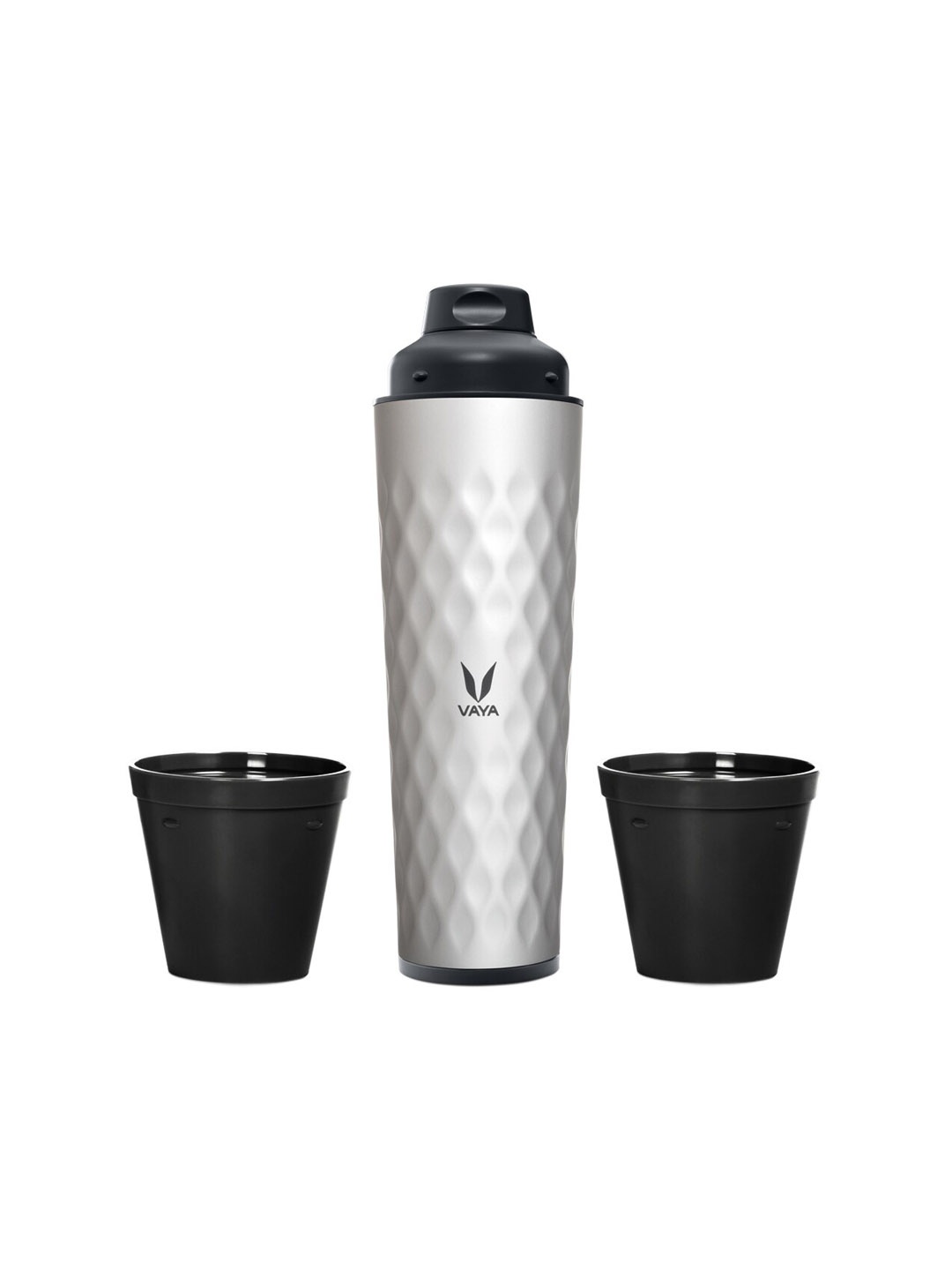 

Vaya Silver Solid Stainless Steel Water Bottle with Gulper Lid & 2 Cups 600ml