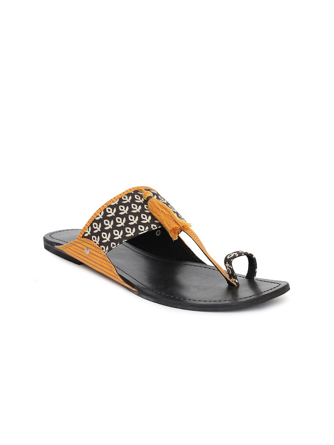 

Fabindia Women Mustard Printed Open Toe Flats with Bows