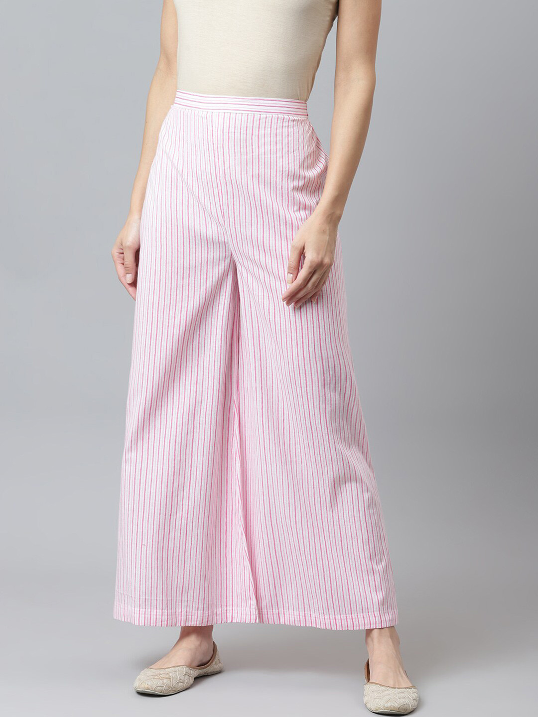 

maaisarah Women Pink & White Striped Pure Cotton Palazzo