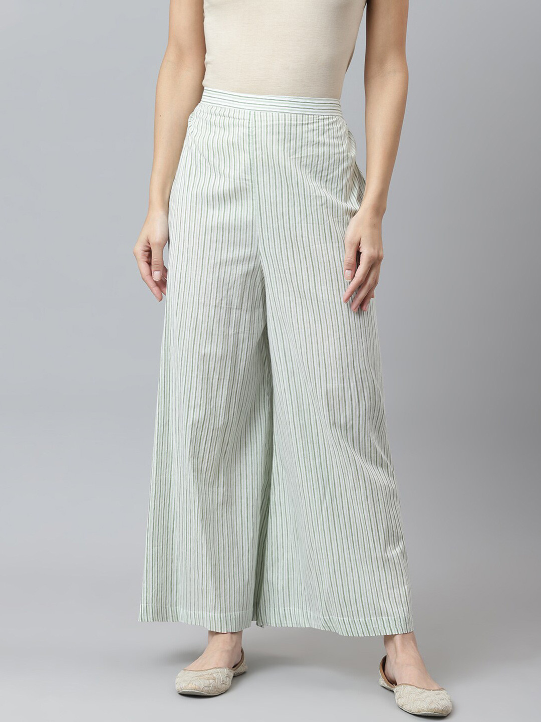 

maaisarah Women Green & Grey Striped Pure Cotton Palazzos