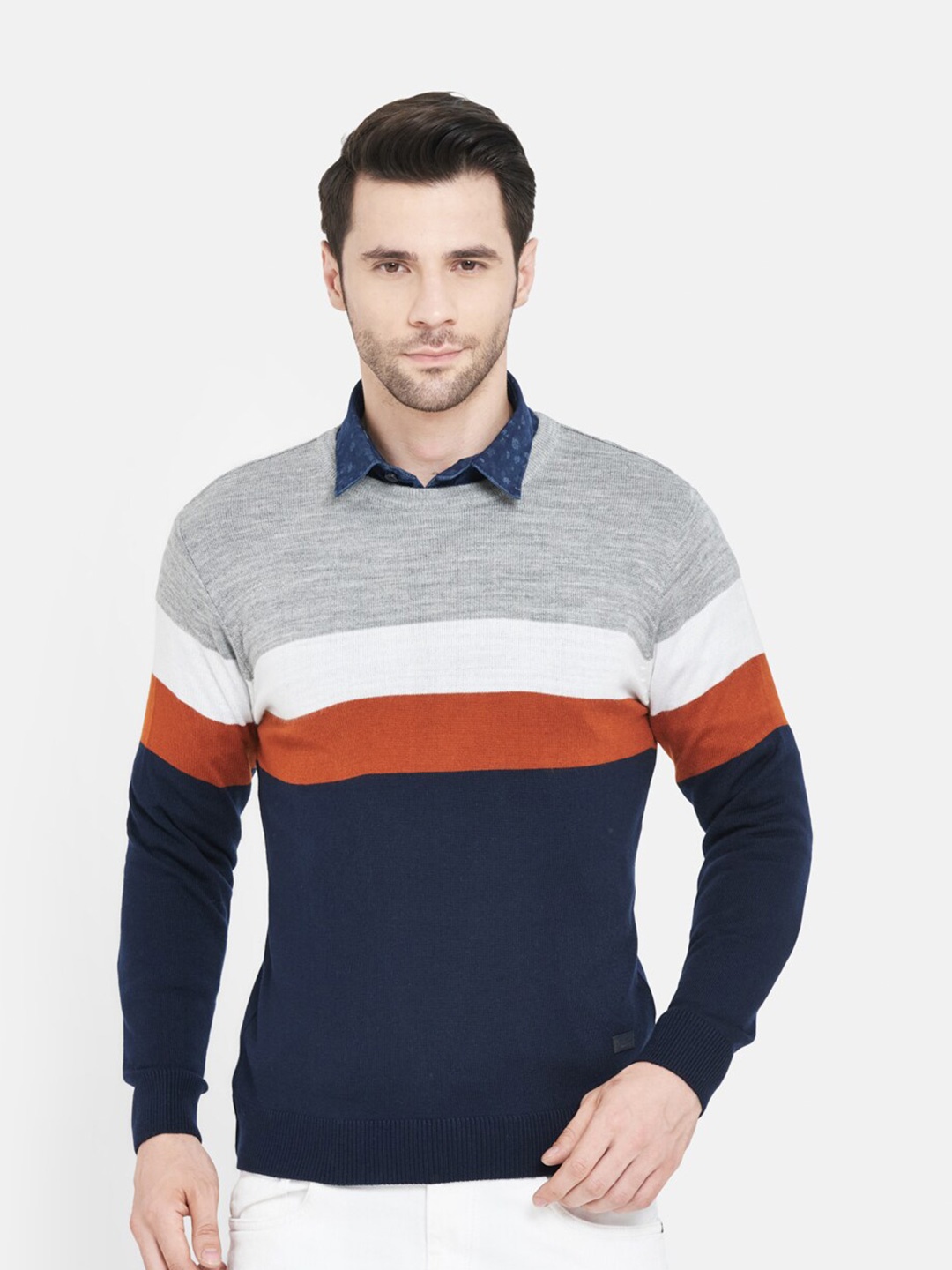 

Duke Men Grey Melange & Navy Blue Striped Pullover Sweater
