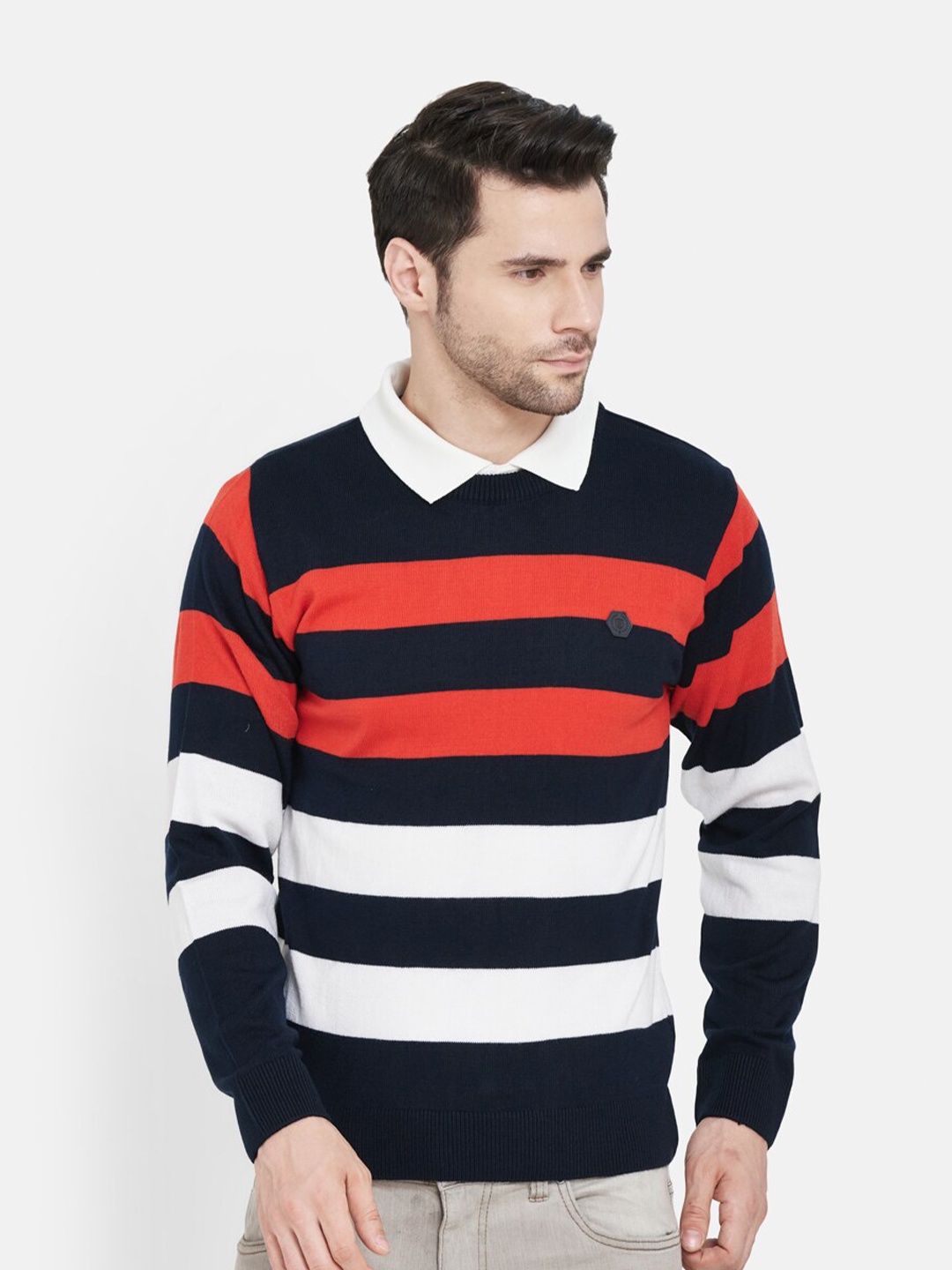 

Duke Men Navy Blue & White Striped Pullover
