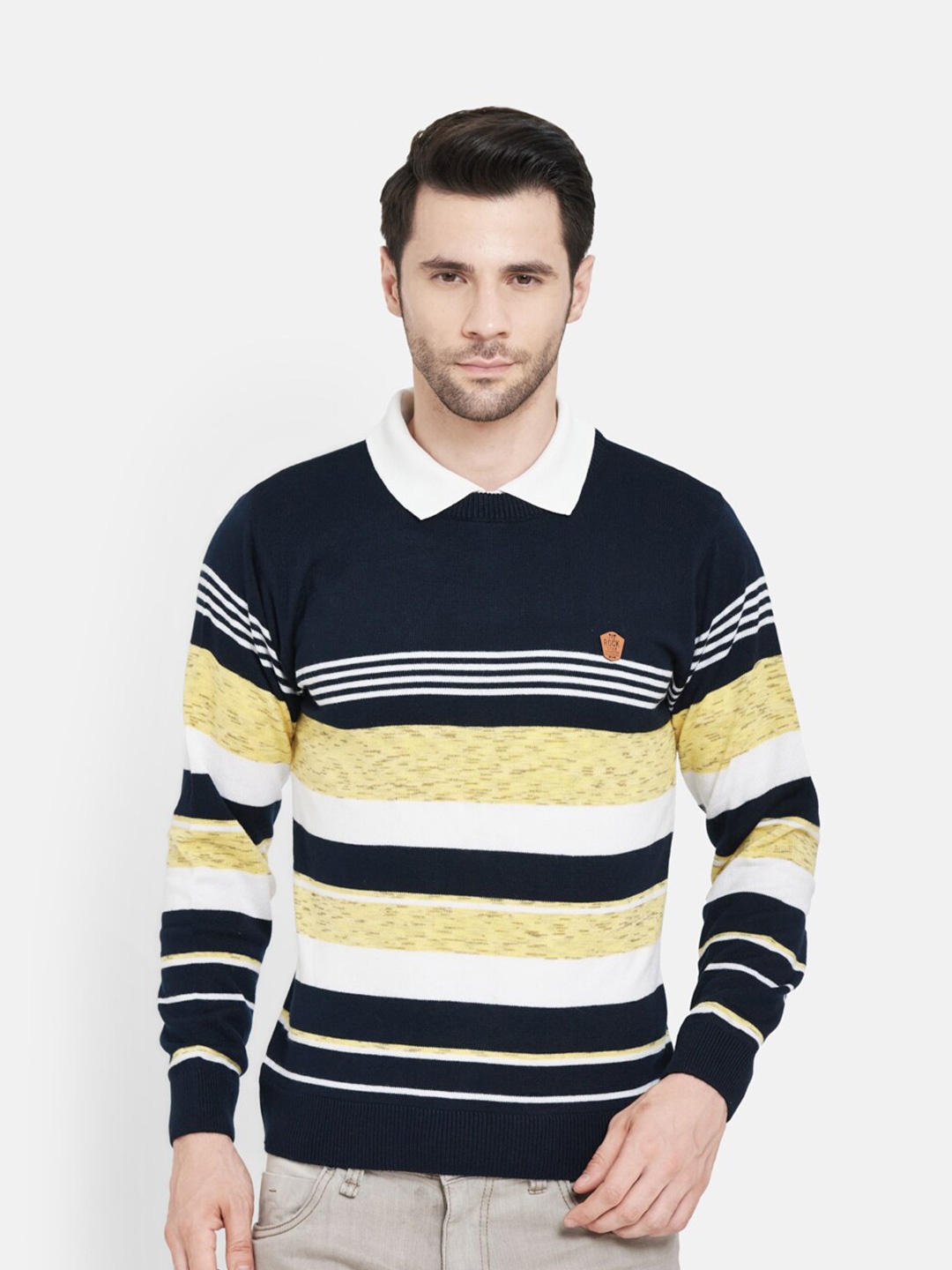 

Duke Men Navy Blue & White Striped Wool Pullover
