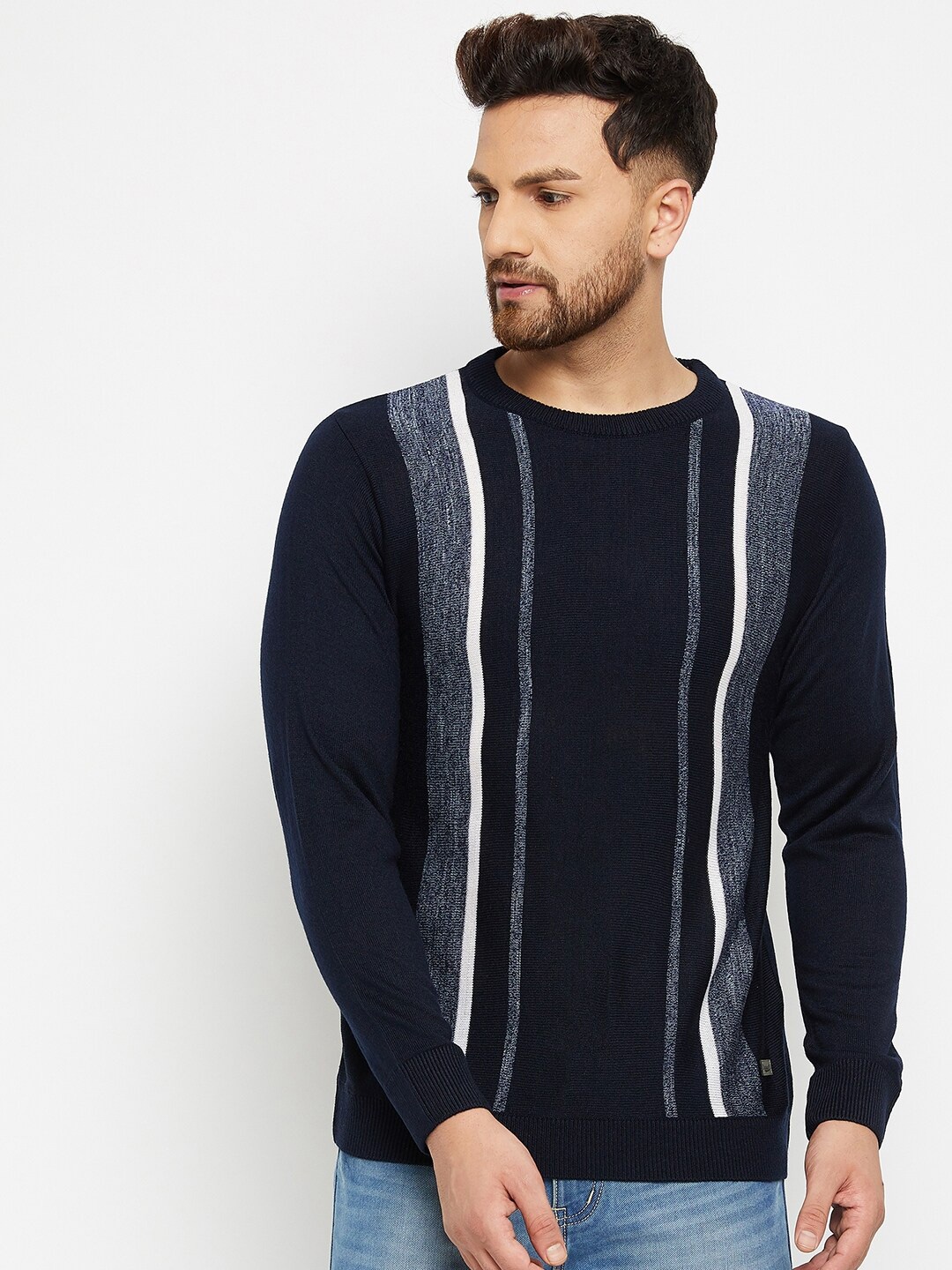 

Duke Men Navy Blue & White Striped Pullover