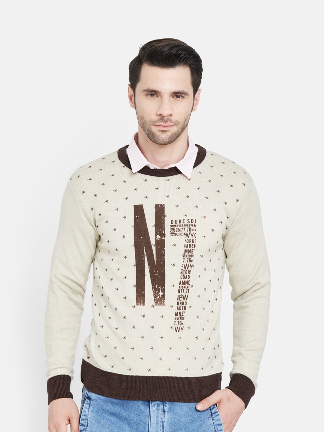 

Duke Men Beige & Brown Typography Printed Pullover Woolen Sweater