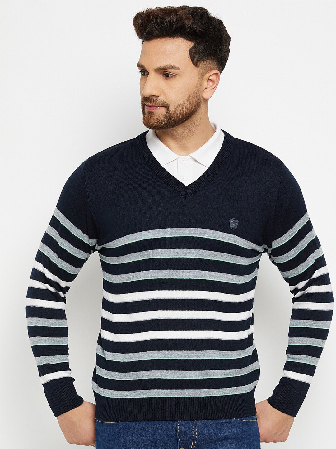 

Duke Men Navy Blue & White Striped Pullover Woolen Sweater