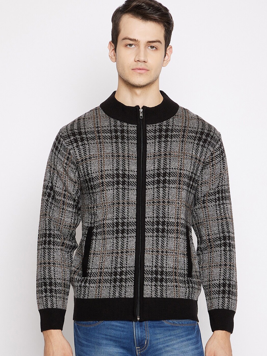 

Duke Men Black & Grey Wool Checked Cardigan