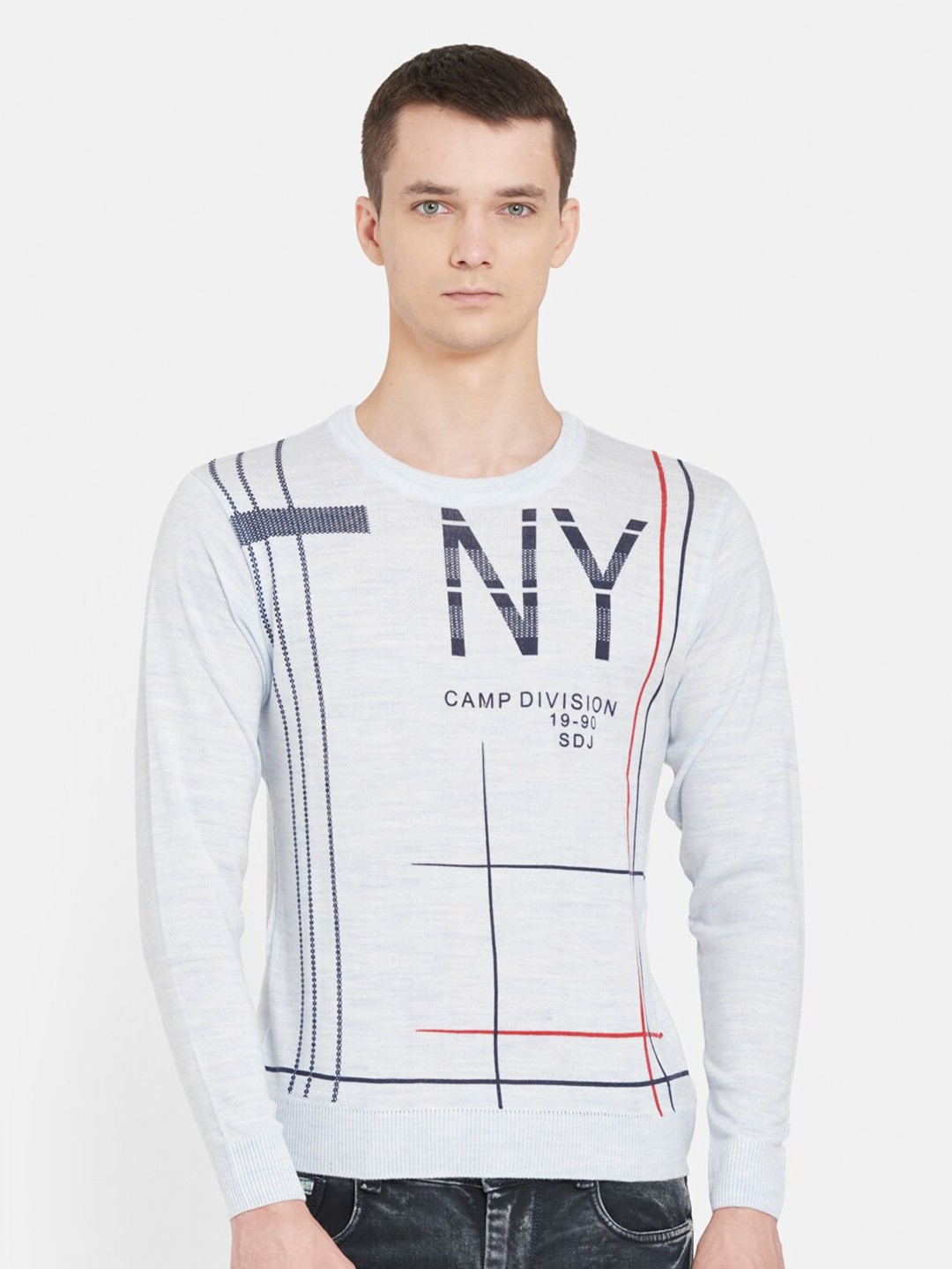 

Duke Men White & Blue Printed Round Neck Pullover