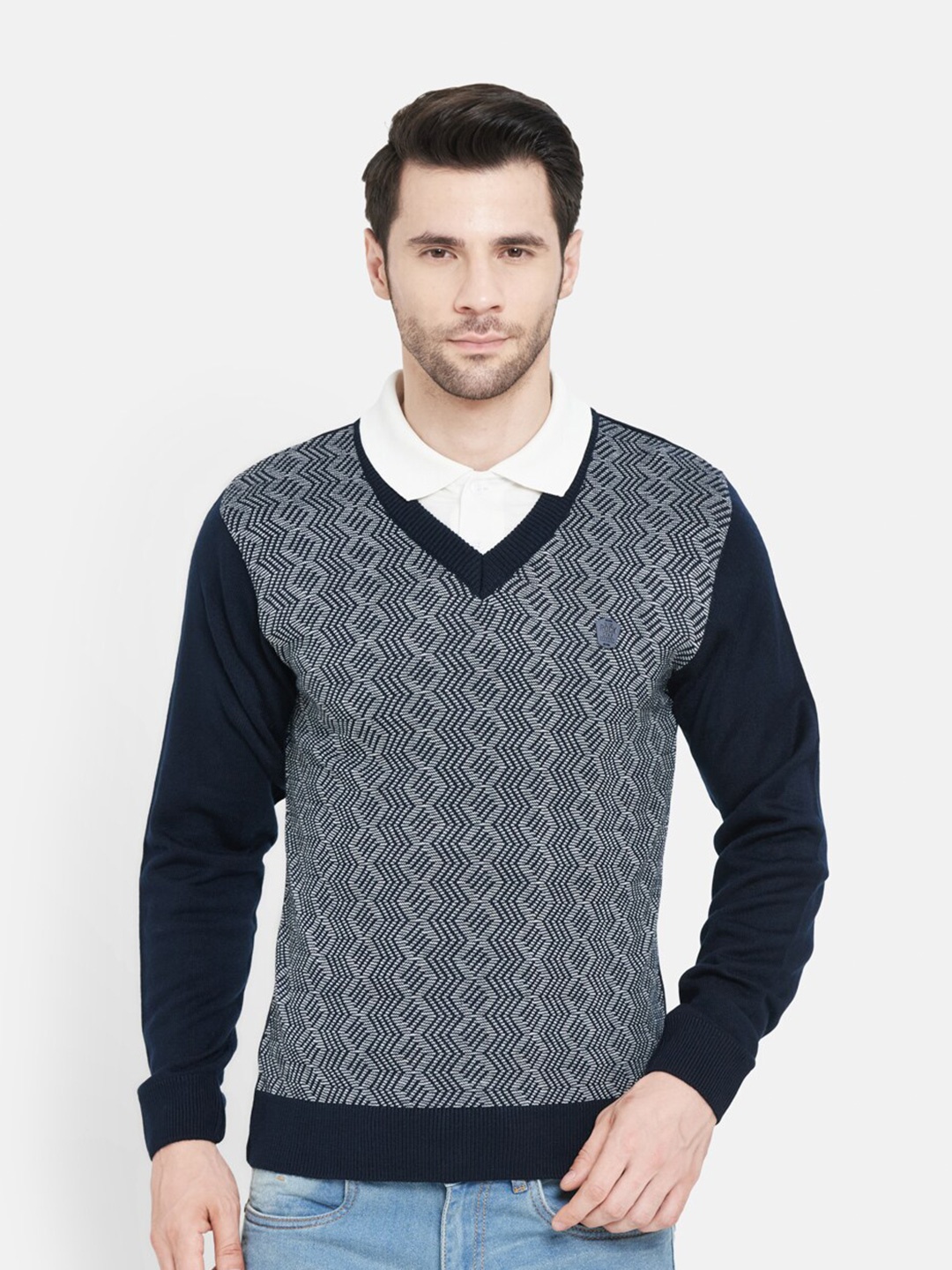 

Duke Men Navy Blue & Grey Self Design Pullover Sweater