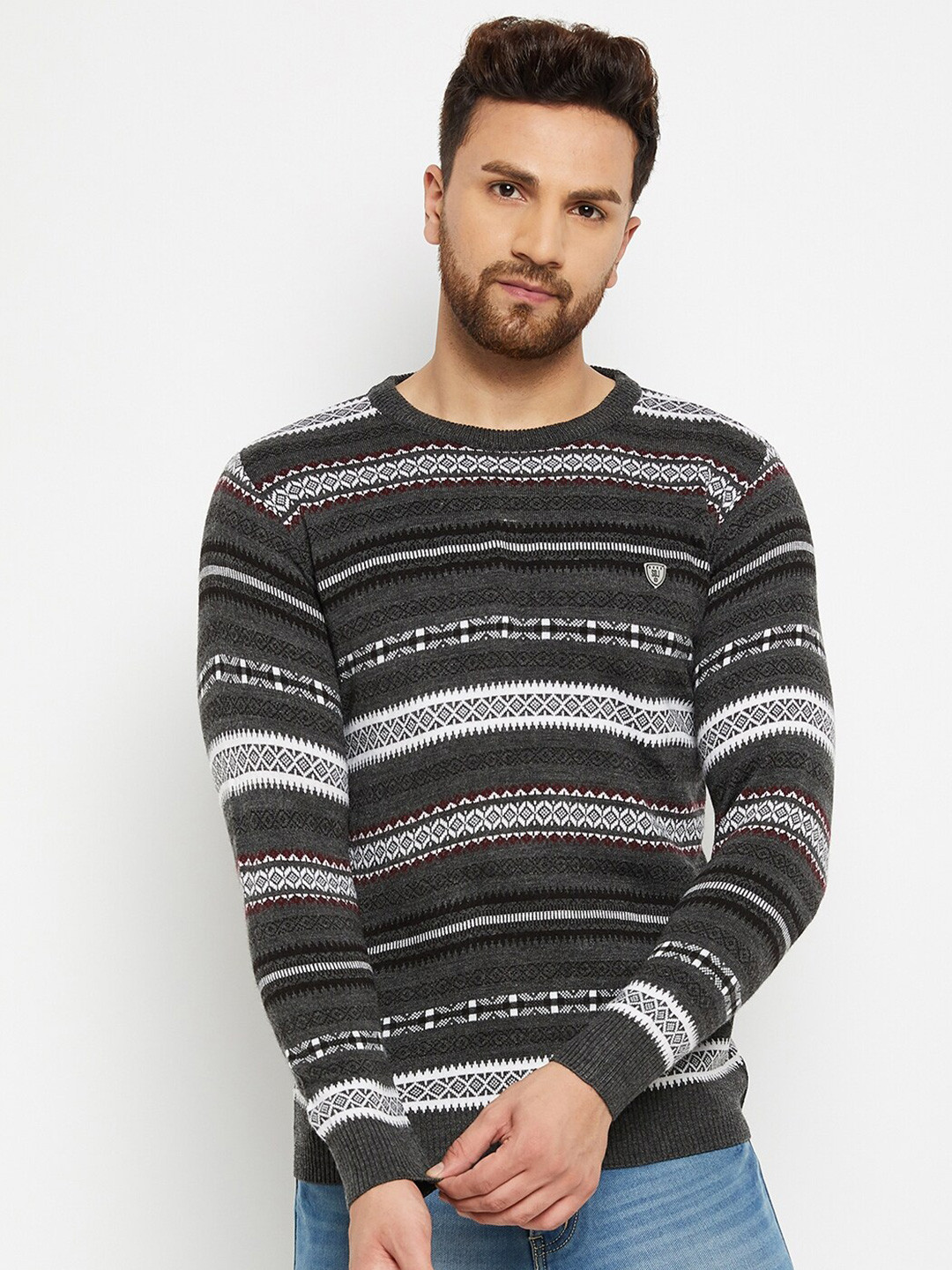 

Duke Men Grey & White Striped Pullover