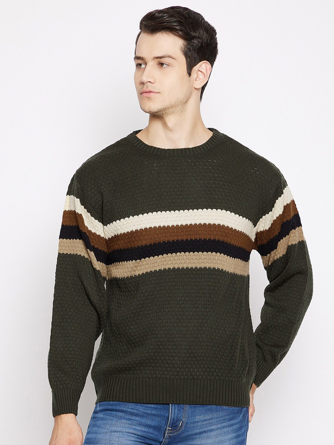 

Duke Men Green & White Striped Pullover Sweaters