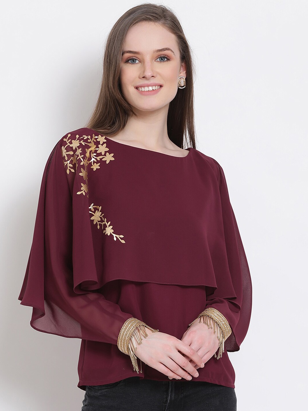 

DRAAX Fashions Women Maroon Georgette Cape Top