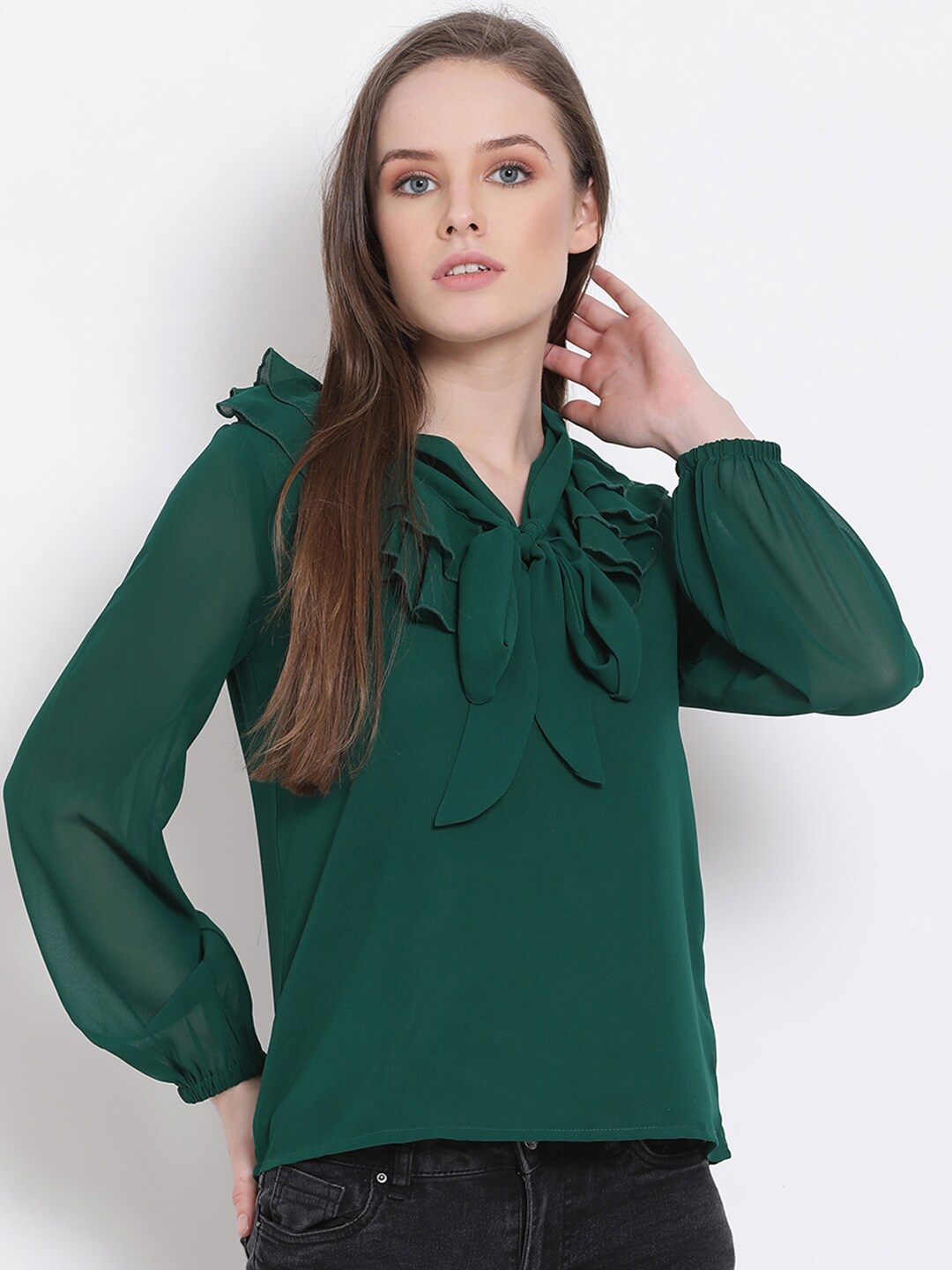 DRAAX Fashions Green Bishop Sleeves Georgette Regular Top