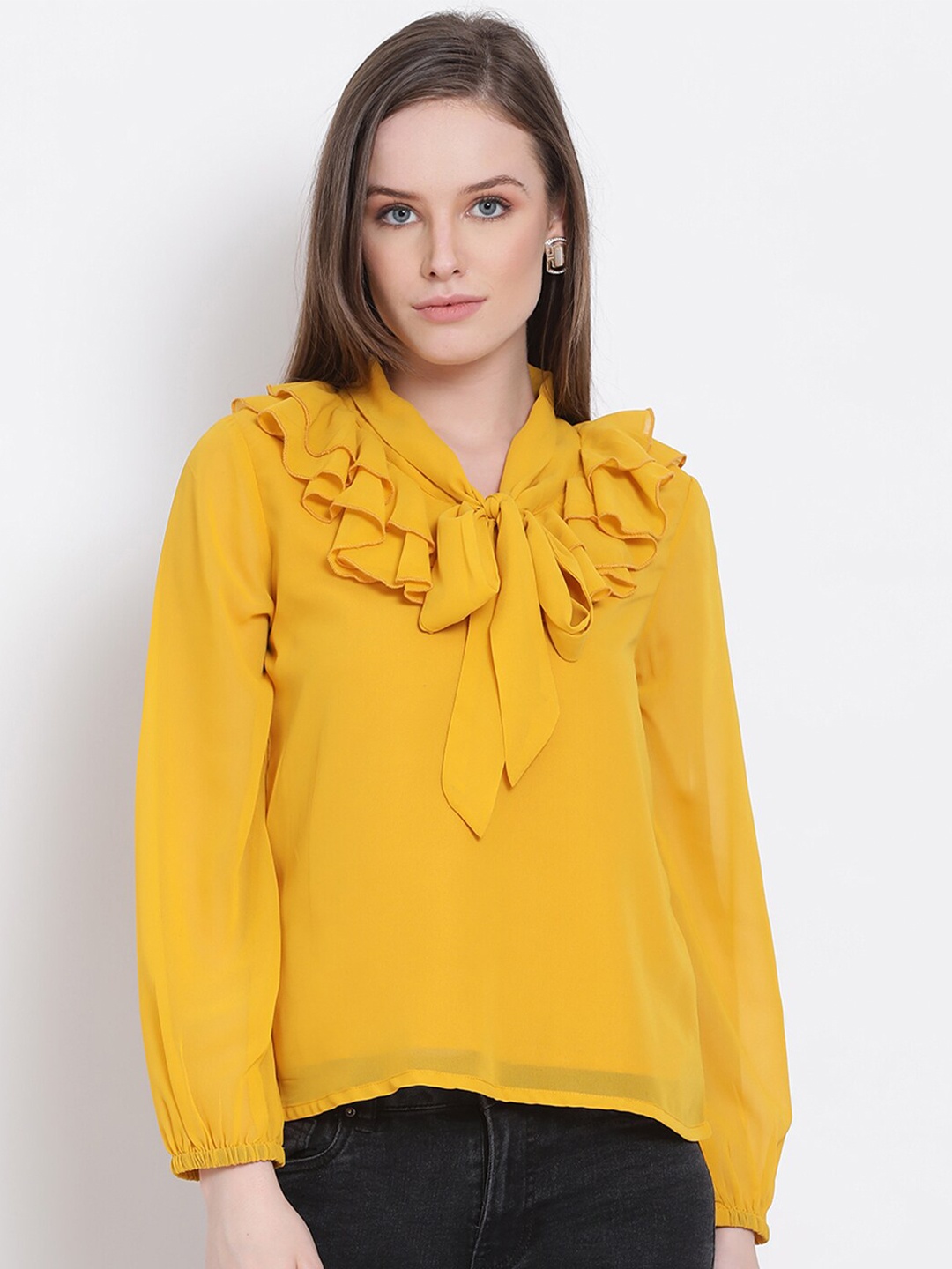 

DRAAX Fashions Yellow Tie-Up Neck Georgette Regular Top