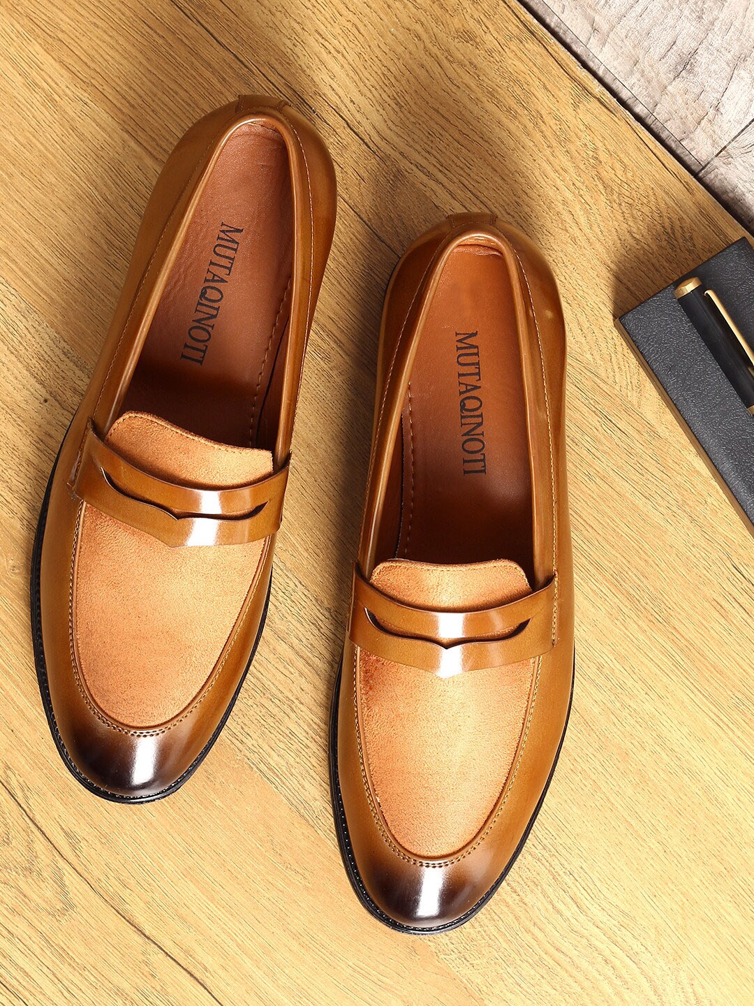 

MUTAQINOTI Men Tan Patent Leather Loafers