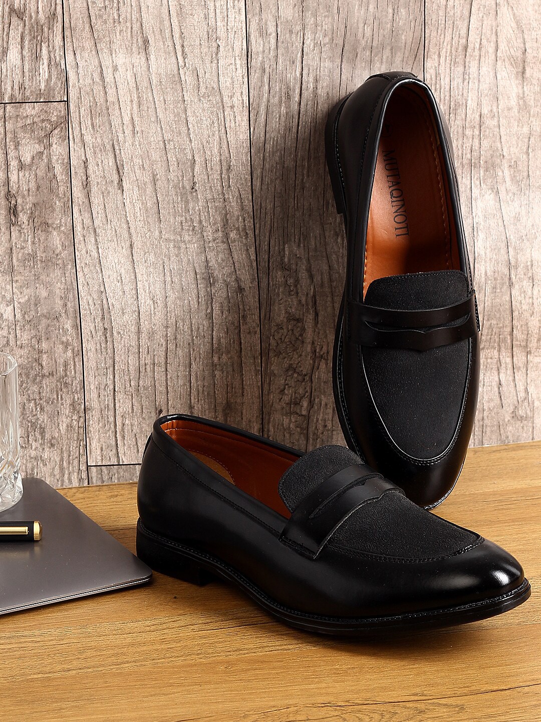 

MUTAQINOTI Men Black Patent Leather Penny Loafers
