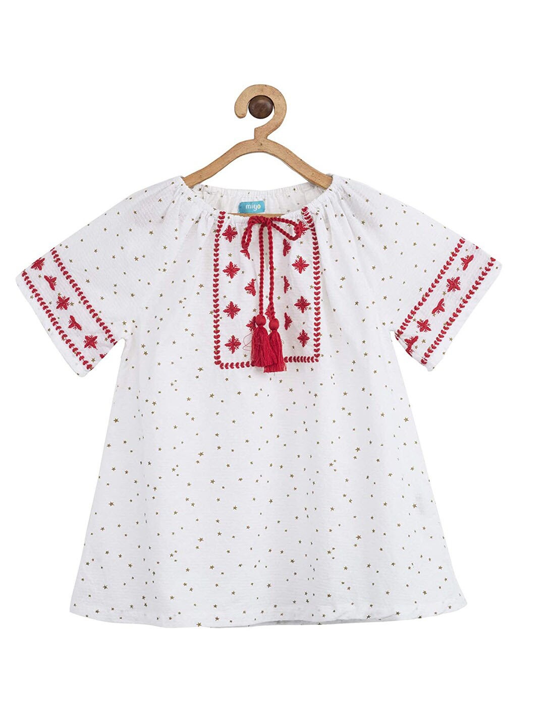 

Miyo White Geometric Tie-Up Neck Embroidered A-Line Pure Cotton Top