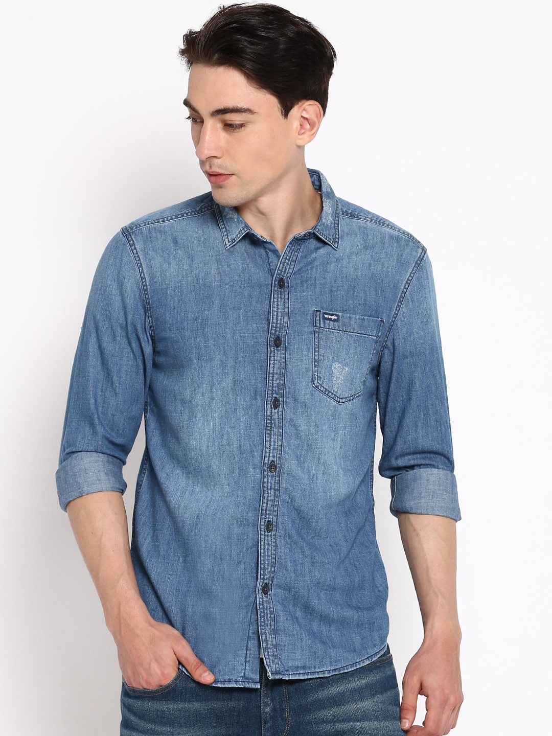 

Wrangler Men Blue Faded Opaque Faded Denim Casual Shirt