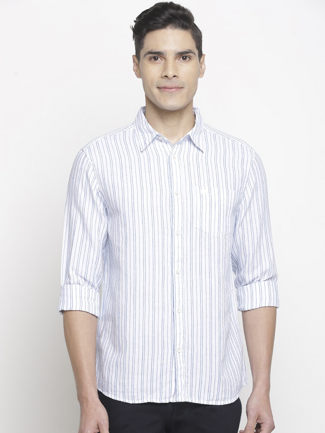 

Wrangler Men White & Blue Striped Casual Linen Shirt