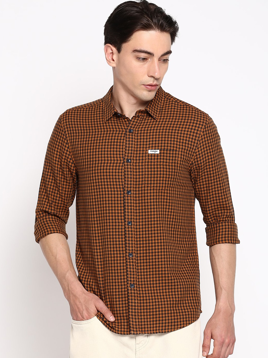 

Wrangler Men Rust Gingham Checks Opaque Checked Casual Shirt