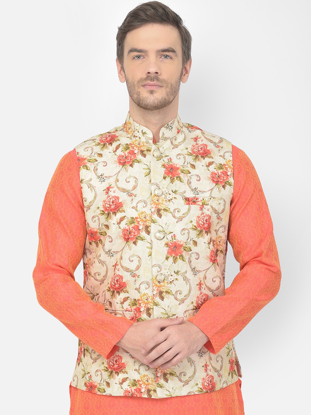 

SG LEMAN Men Beige & Orange Printed Satin Nehru Jacket