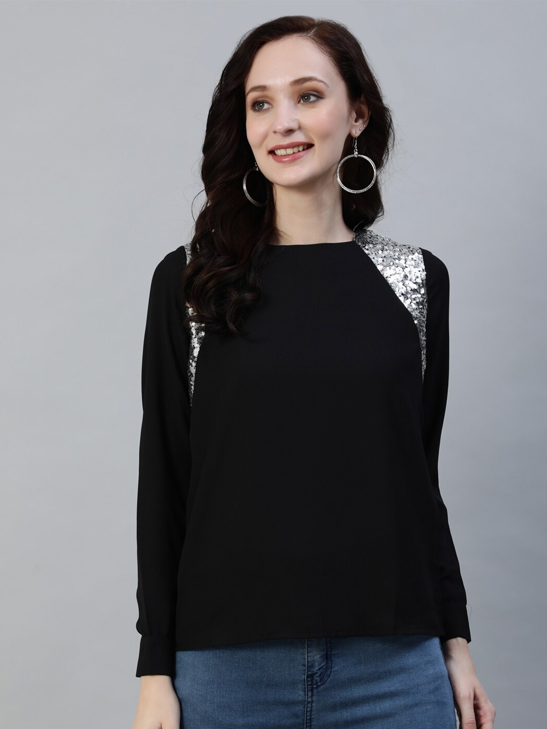 

Ishin Black Embellished Crepe Regular Top