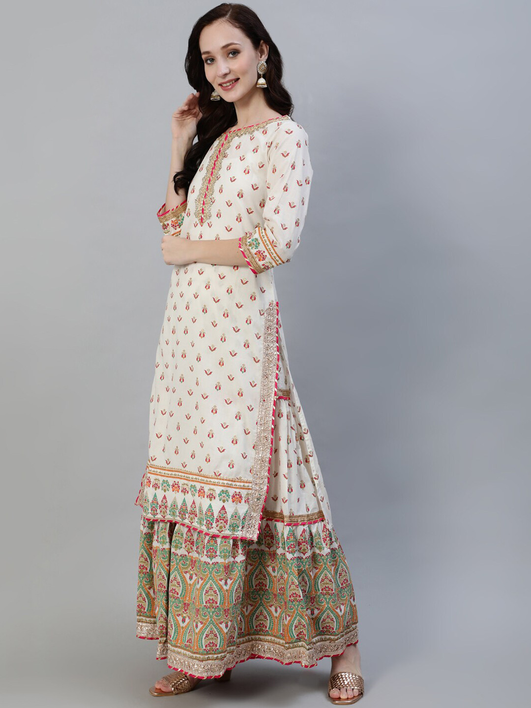 

Ishin Women White Ethnic Motifs Embroidered Regular Gotta Patti Kurta with Sharara & With Dupatta