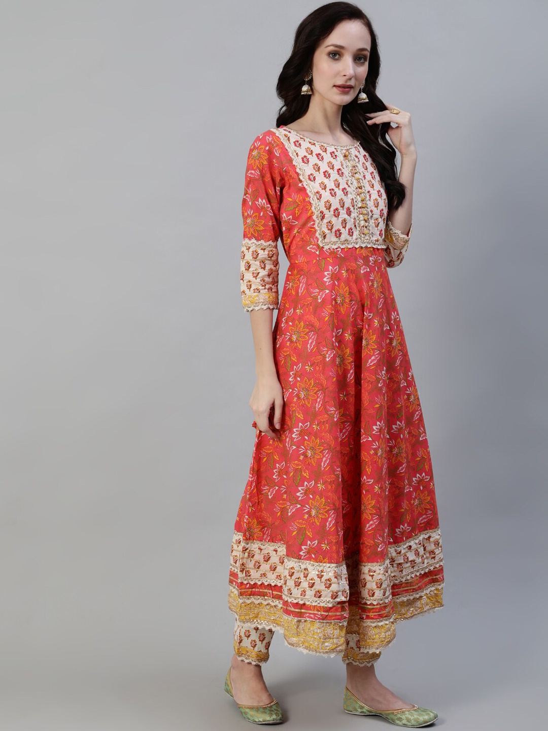 

Ishin Women Pink Ethnic Motifs Printed Empire Gotta Patti Pure Cotton Kurta with Skirt & With Dupatta