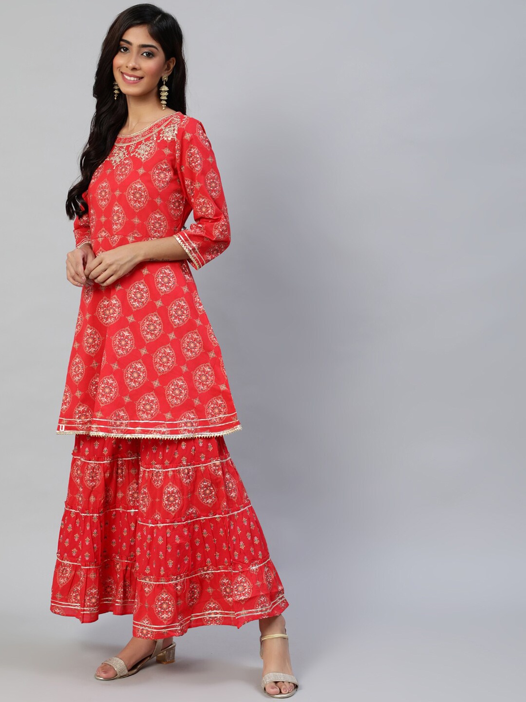 

Ishin Women Red Ethnic Motifs Printed Panelled Kurta with Sharara & With Dupatta