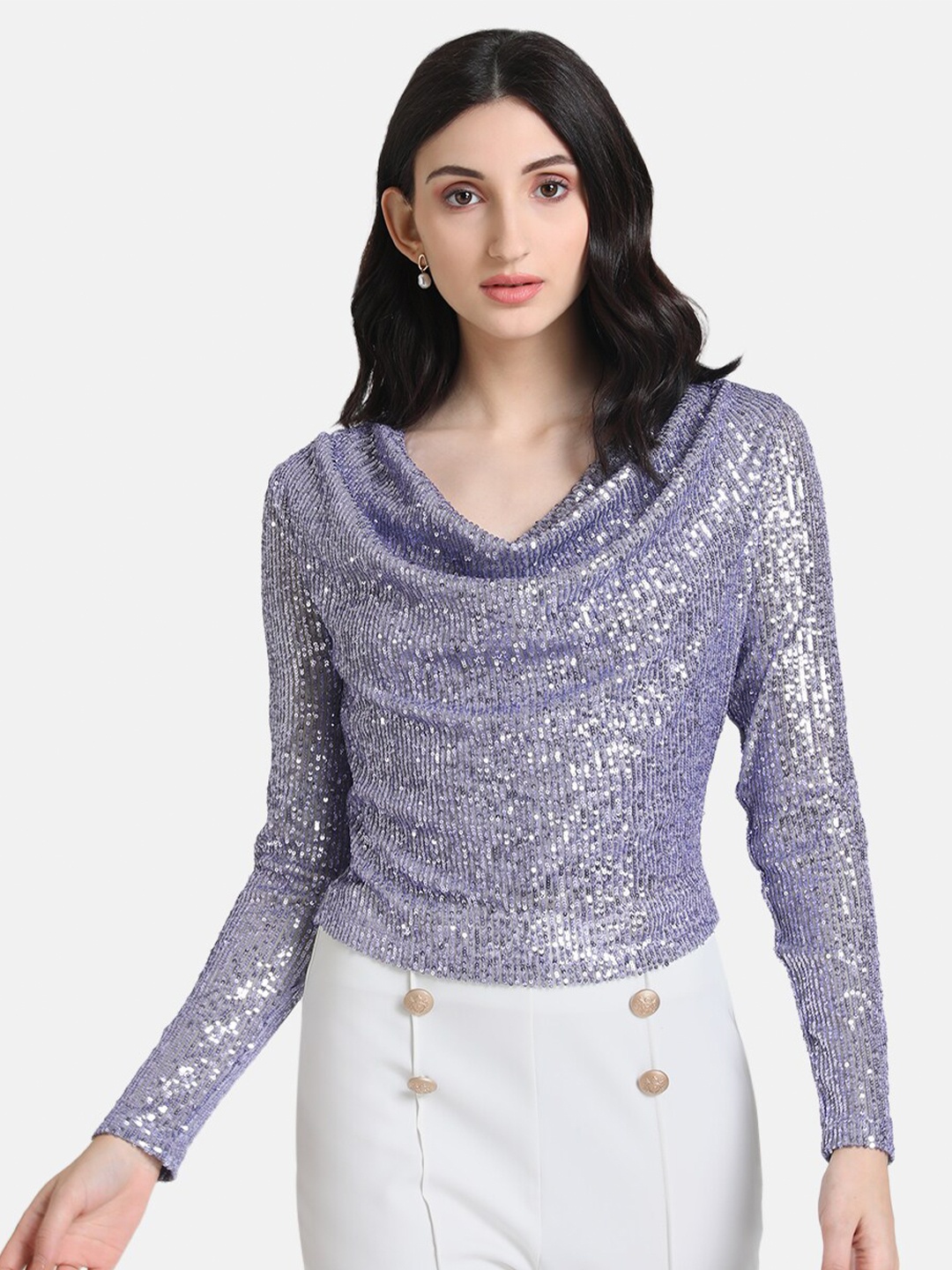 

Kazo Purple Embellished Cowl Neck Regular Top