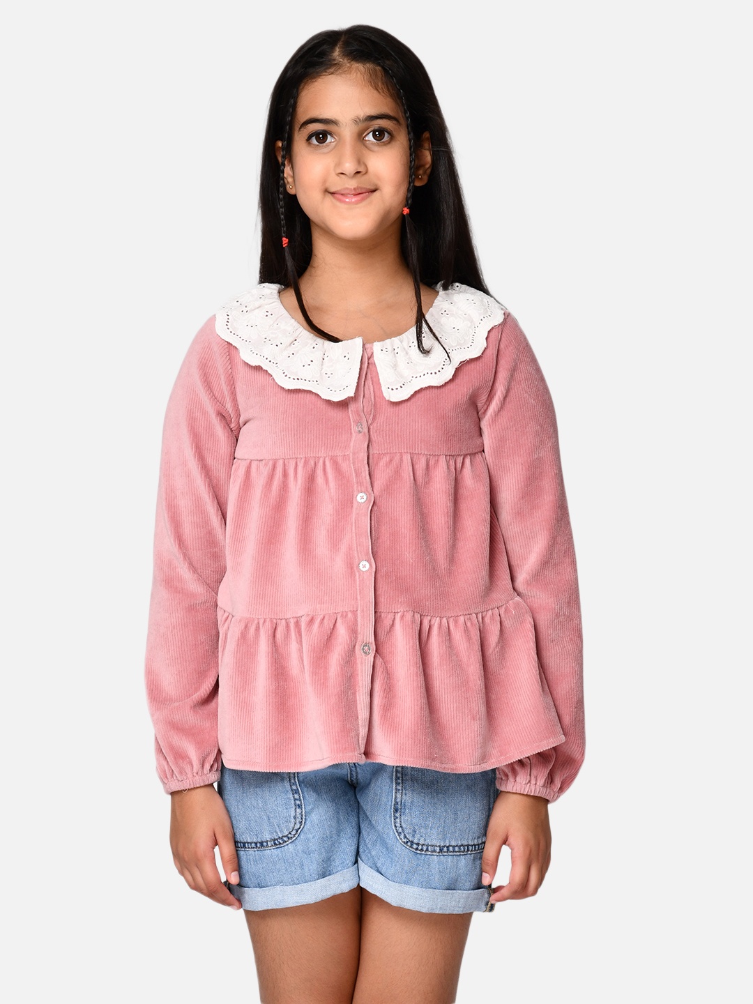 

Jade Garden Girls Pink Corduroy Top With Schiffli Collar