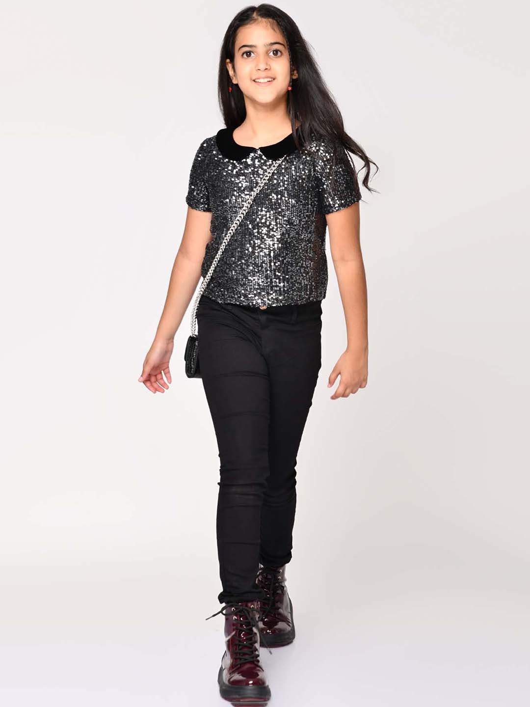 

Jade Garden Girls Black & Silver-Toned Sequin Top With Velvet Collar