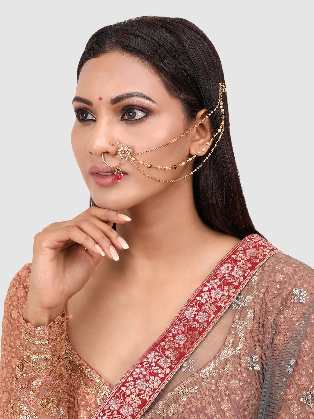 

PENNY JEWELS Gold-Plated Green & Red Kundan Stone-Studded & Beaded Nosering