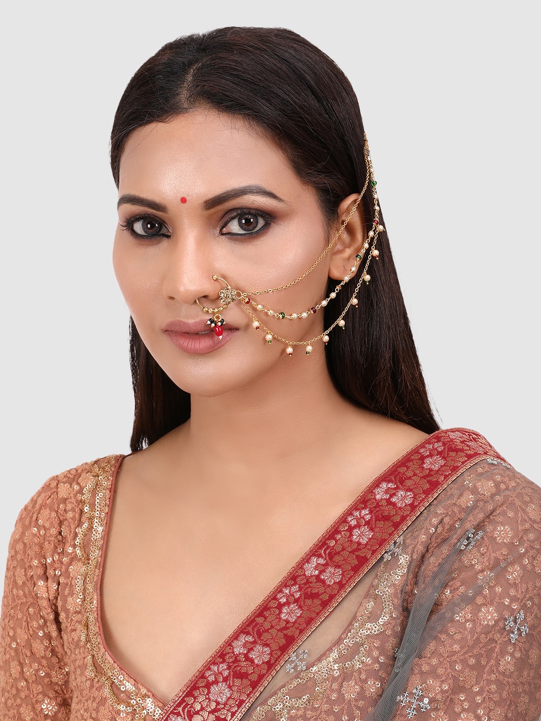 

PENNY JEWELS Gold-Plated Handcrafted Stone Pearl-Studded Chained Nose Ring