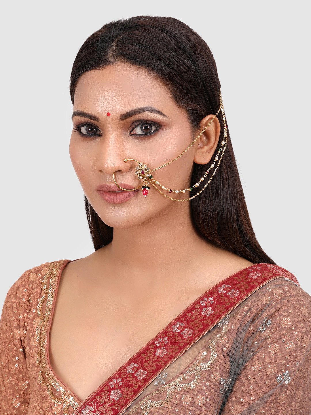 

PENNY JEWELS Gold-Plated Red & White Kundan Studded & Pearls Beaded Enamelled Nose Pin With Chain