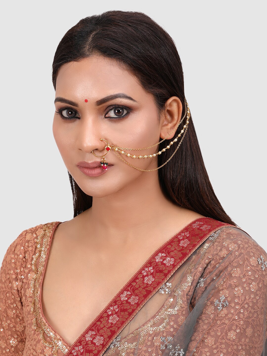 

PENNY JEWELS Gold-Plated & Beige Faux Kempu Ruby & Kundan-Studded Handcrafted Vilandi Nose Ring