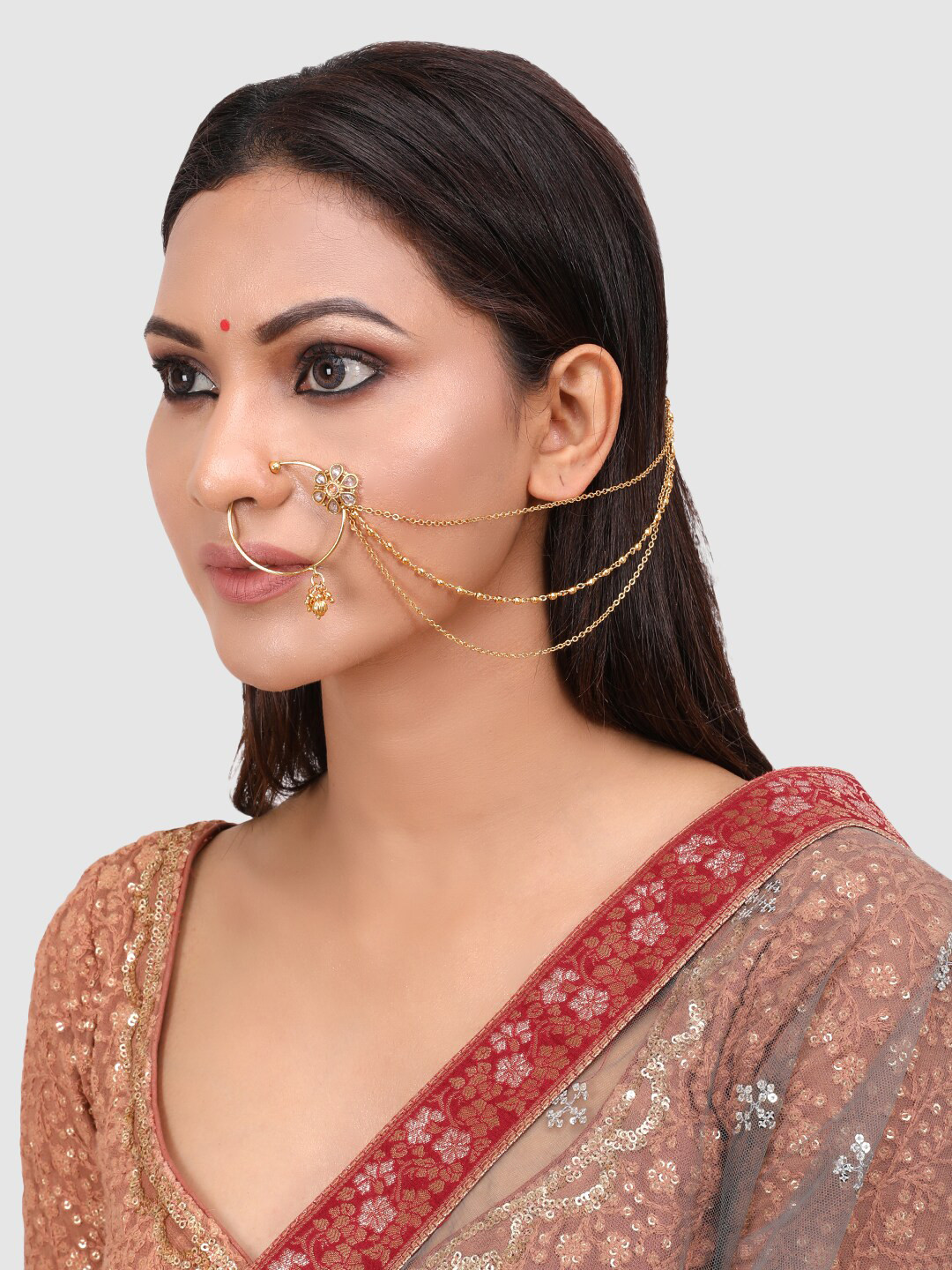

PENNY JEWELS Gold-Plated Handcrafted Kundan Stone-Studded Chained Nose Ring